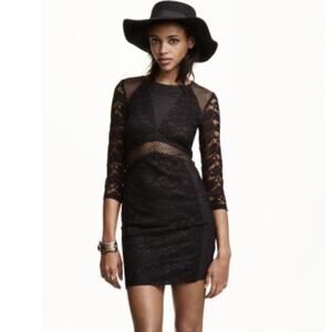 H&M Black Lace Mesh Dress 3/4 Sleeve Sheath 10 M Medium Little Black Dress LBD